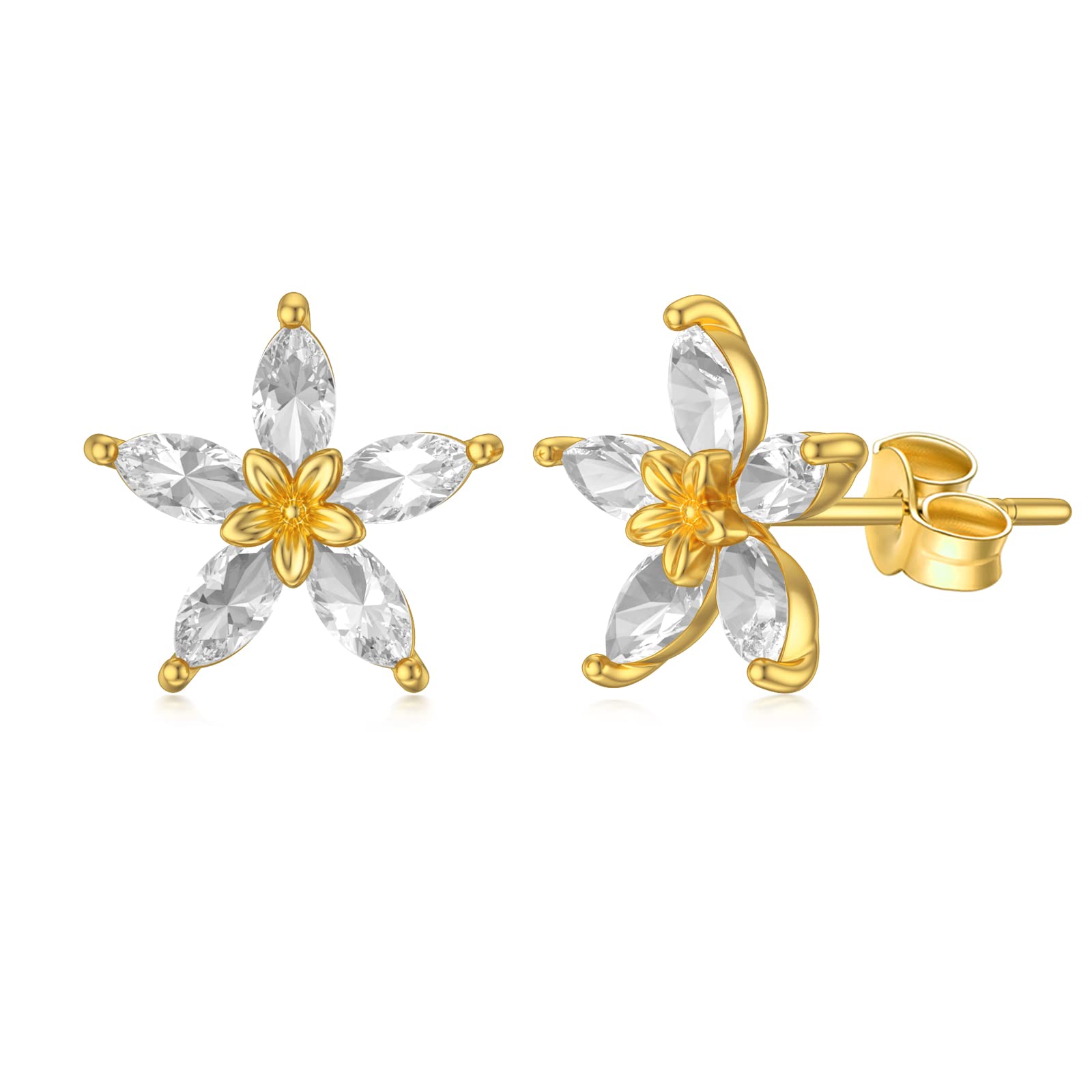 14K Real Solid Gold Crystal Flower Stud Earrings for Women Gifts for Her Screw Back Floral Sutd Earrings 8.5mm