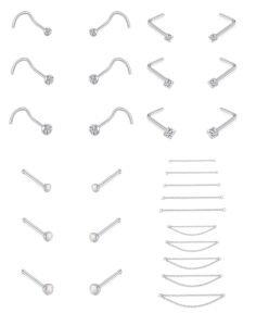 akeoqi 28pcs nose stud nose chain screw straight l shape nose stud chain nose stud nostril piercing body jewelry for women men 20g set 2mm 2.5mm 3mm cz silver tone