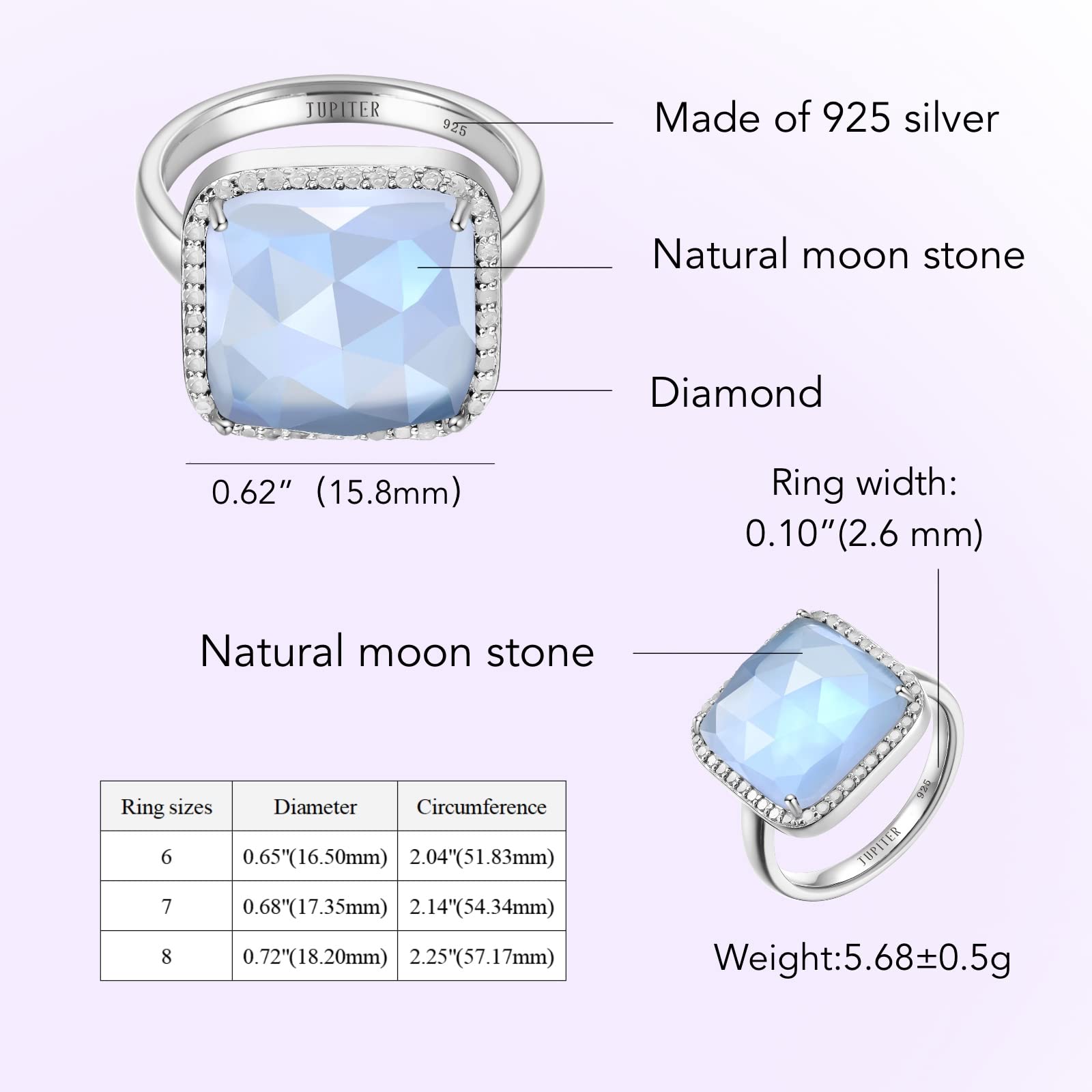 Jupiter 925 Sterling Silver Natural Moonstone Ring with Diamond Square Gemstone Ring Jewelry Gifts for Women (13x13mm Moonstone, Ring Size 6)