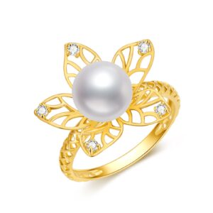 SISGEM 14K Real Gold Flower Ring for Women,Yellow Gold 9MM Pearl Engagement Ring/Wedding Band/Wedding Anniversary Birthday Gifts for Her Size 5-11 (7)