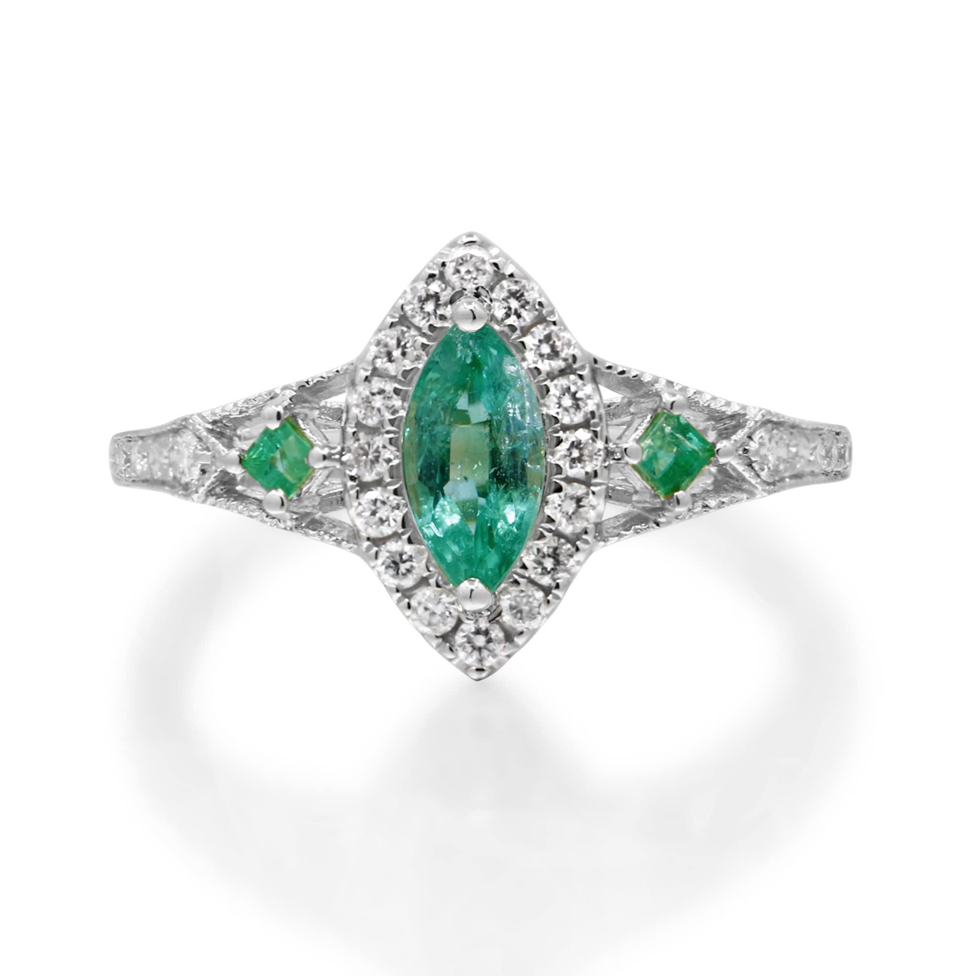 Gin & Grace 14K White Gold Natural Zambian Emerald Ring with Natural Diamonds for women | Ethically, authentically & organically sourced Marquise, Square-Cut Emerald hand-crafted jewelry for her.