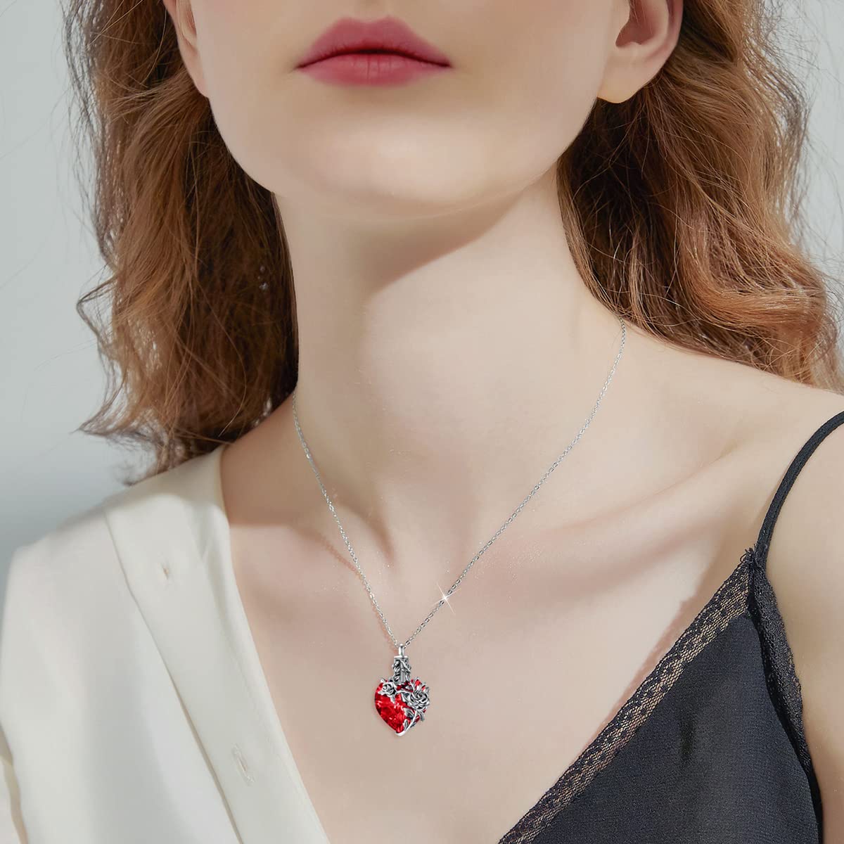 PELOVNY Rose Flower Cremation Necklace For Ashes, Red Crystal Urn Necklace For Ashes For Women Memorial Jewelry