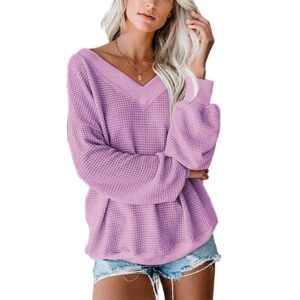 mayntop womens sweater jumper plus size solid color plain v-neck knitted tops long sleeve loose pullover loose knitwear(l,a purple)