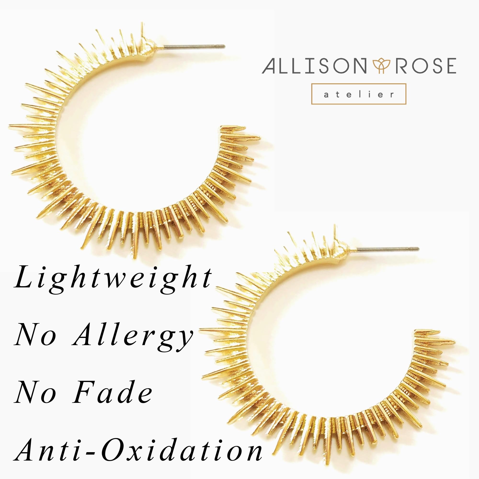 ALLISON ROSE ATELIER – Women’s Spike Earrings – 16k Gold Plated Open C Sun Hoop Earrings – Cool Earrings – Spike Hoops – Gold Boho Statement Earrings