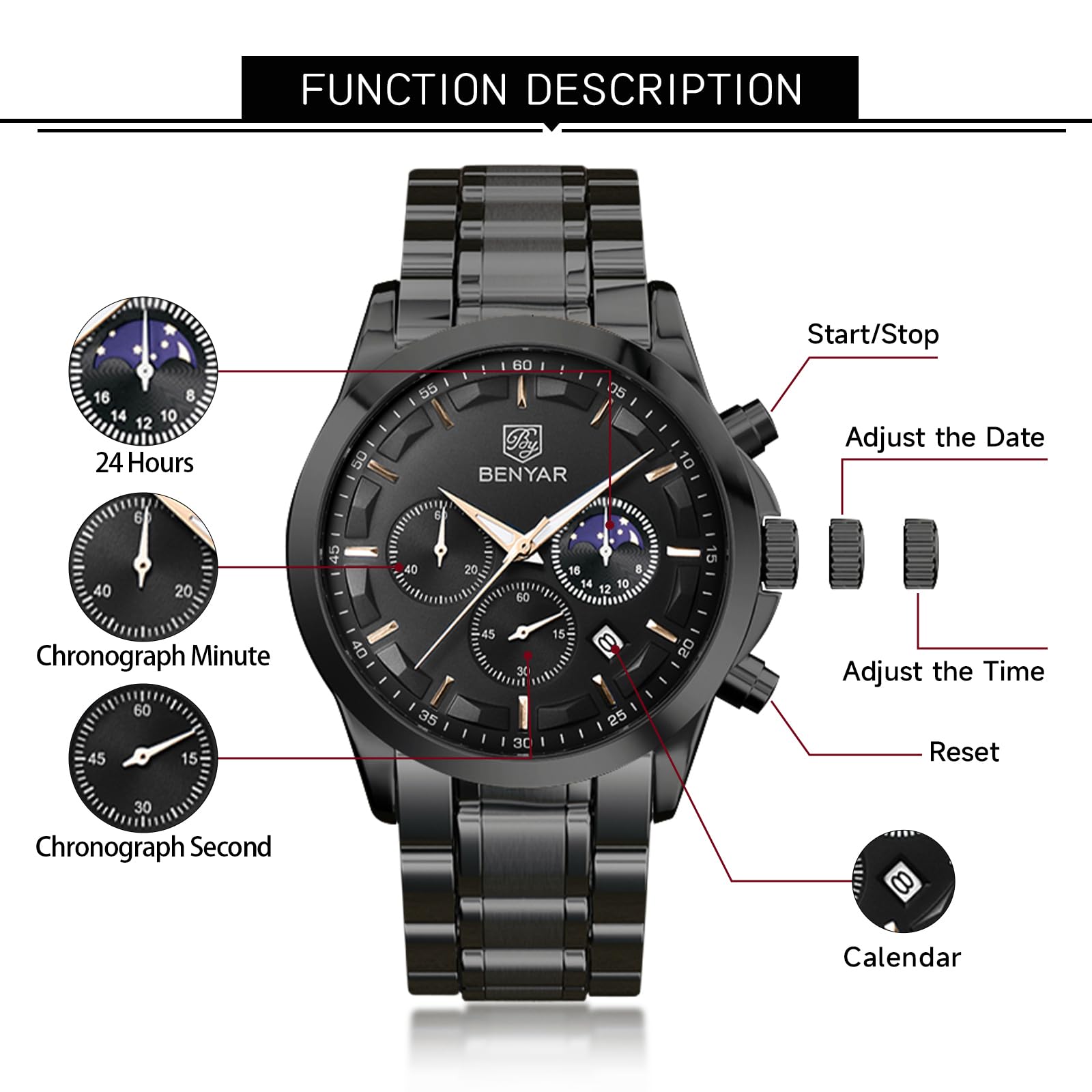 BY BENYAR Men's Watches Analog Quartz Chronograph Waterproof Stainless Steel Wrist Watches for Men Business Work Casual Sport Black Mens Dress Watch Unique Elegant Gifts for Men