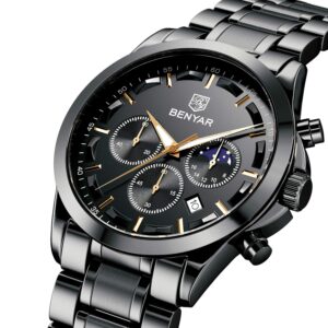 BY BENYAR Men's Watches Analog Quartz Chronograph Waterproof Stainless Steel Wrist Watches for Men Business Work Casual Sport Black Mens Dress Watch Unique Elegant Gifts for Men