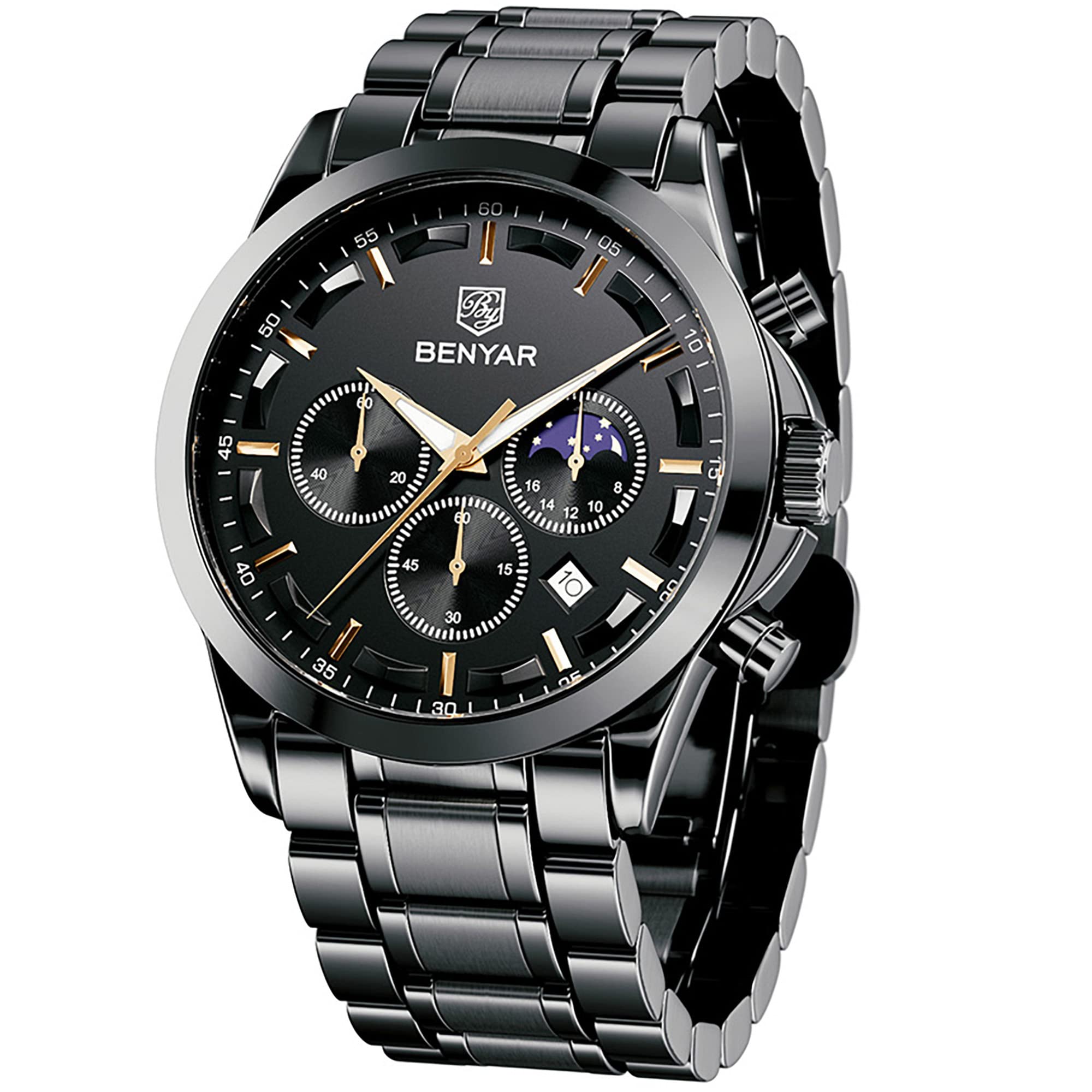 BY BENYAR Men's Watches Analog Quartz Chronograph Waterproof Stainless Steel Wrist Watches for Men Business Work Casual Sport Black Mens Dress Watch Unique Elegant Gifts for Men