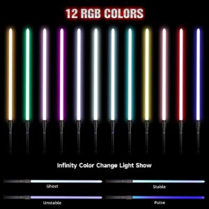 Light Saber with Motion Control, Heavy Dueling Lightsaber Smooth Swing 12 RGB Colors, 16 Fonts Sound Light Sabers Sword, Hilt Fx Lightsabers for Adults Kids Christmas Cosplay Gift Black E28