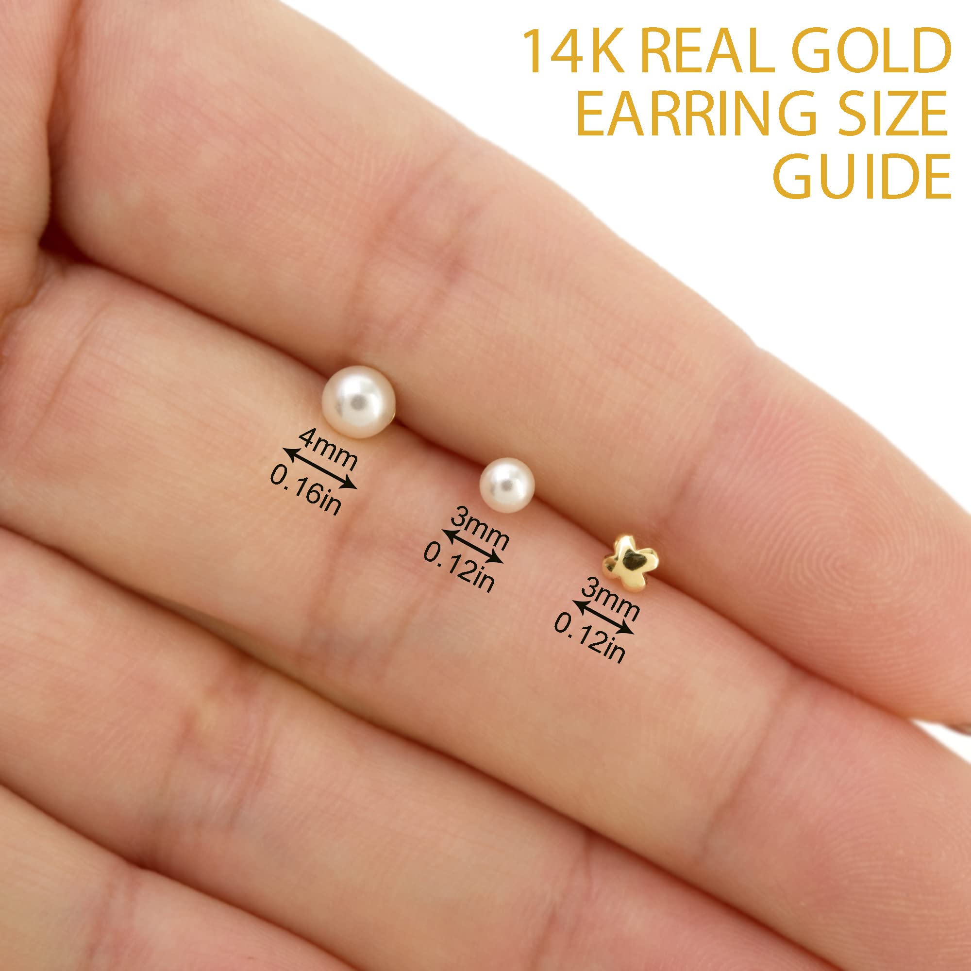 14K Solid Yellow Gold 3mm X-Small Tiny Swarovski Crystal White Pearl Stud Short Post Earrings for Girl Women