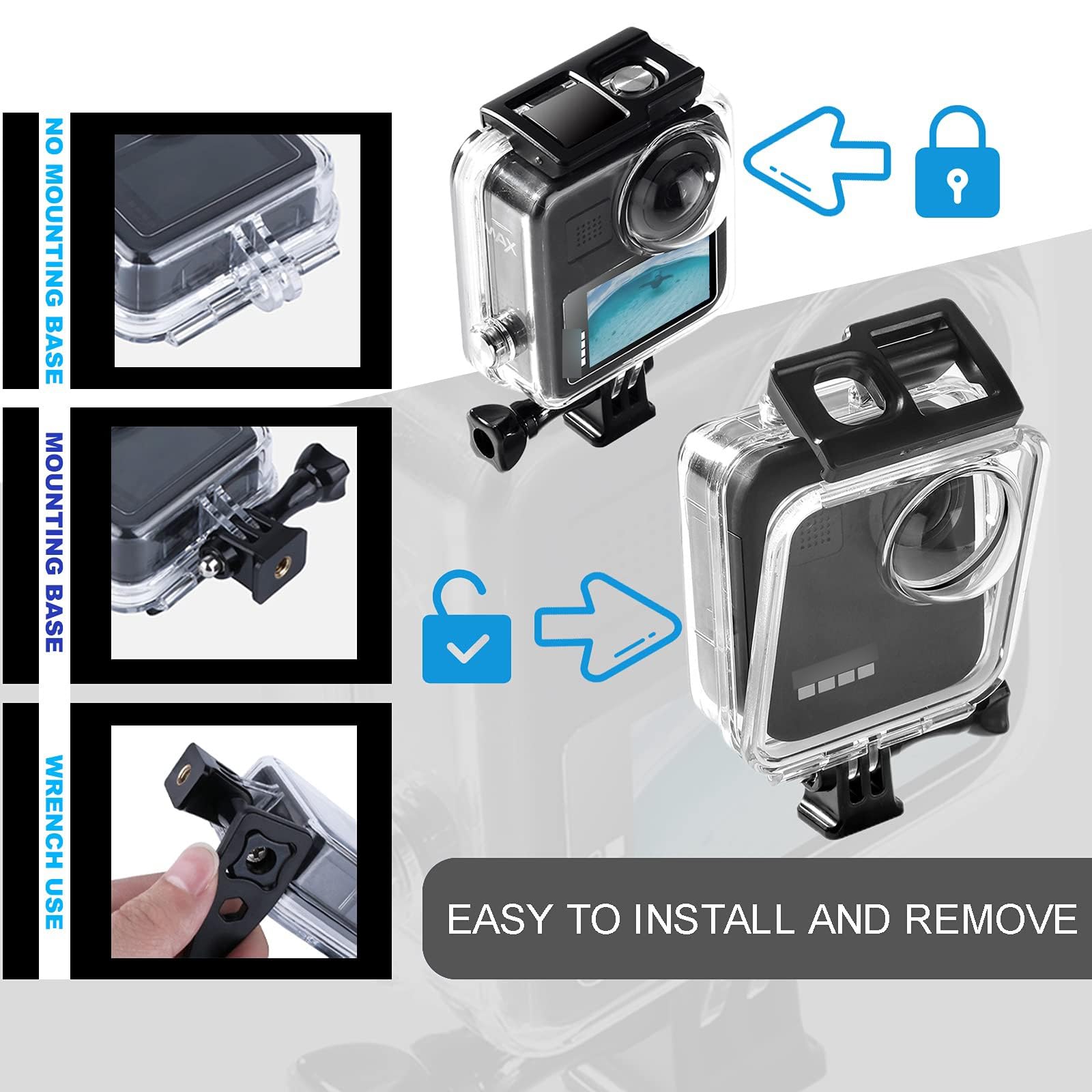 Waterproof Case for Gopro Max Action Camera, Underwater Diving Protective Housing 40M with Bracket Accessories