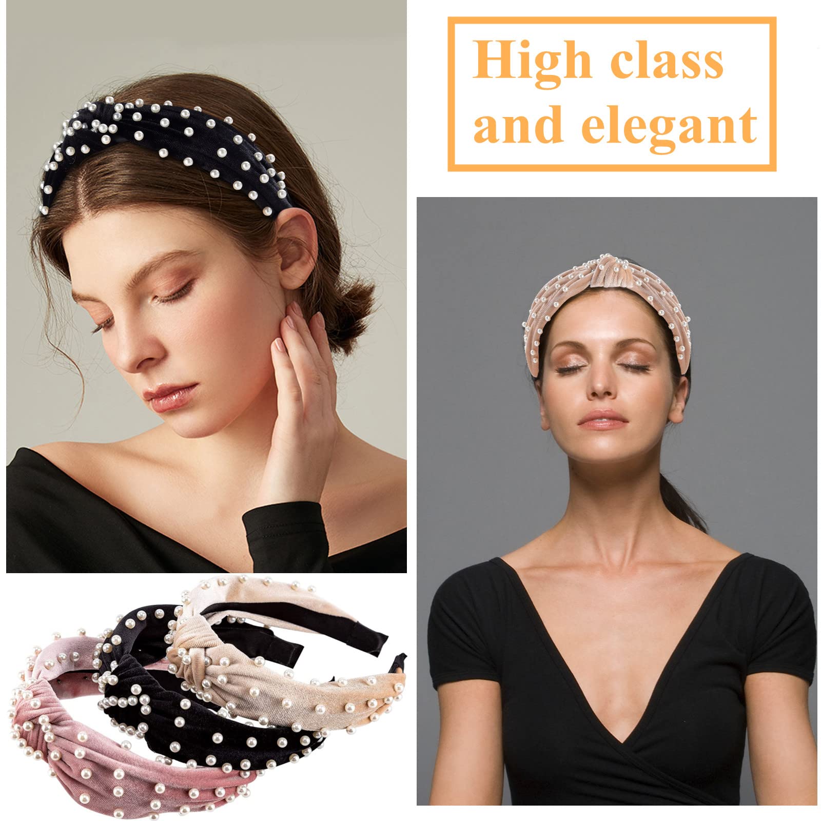 Tyfthui 6 Pcs Pearl Wide Knotted Turban Hair Hoops and Fashion Headbands for Women and Girls