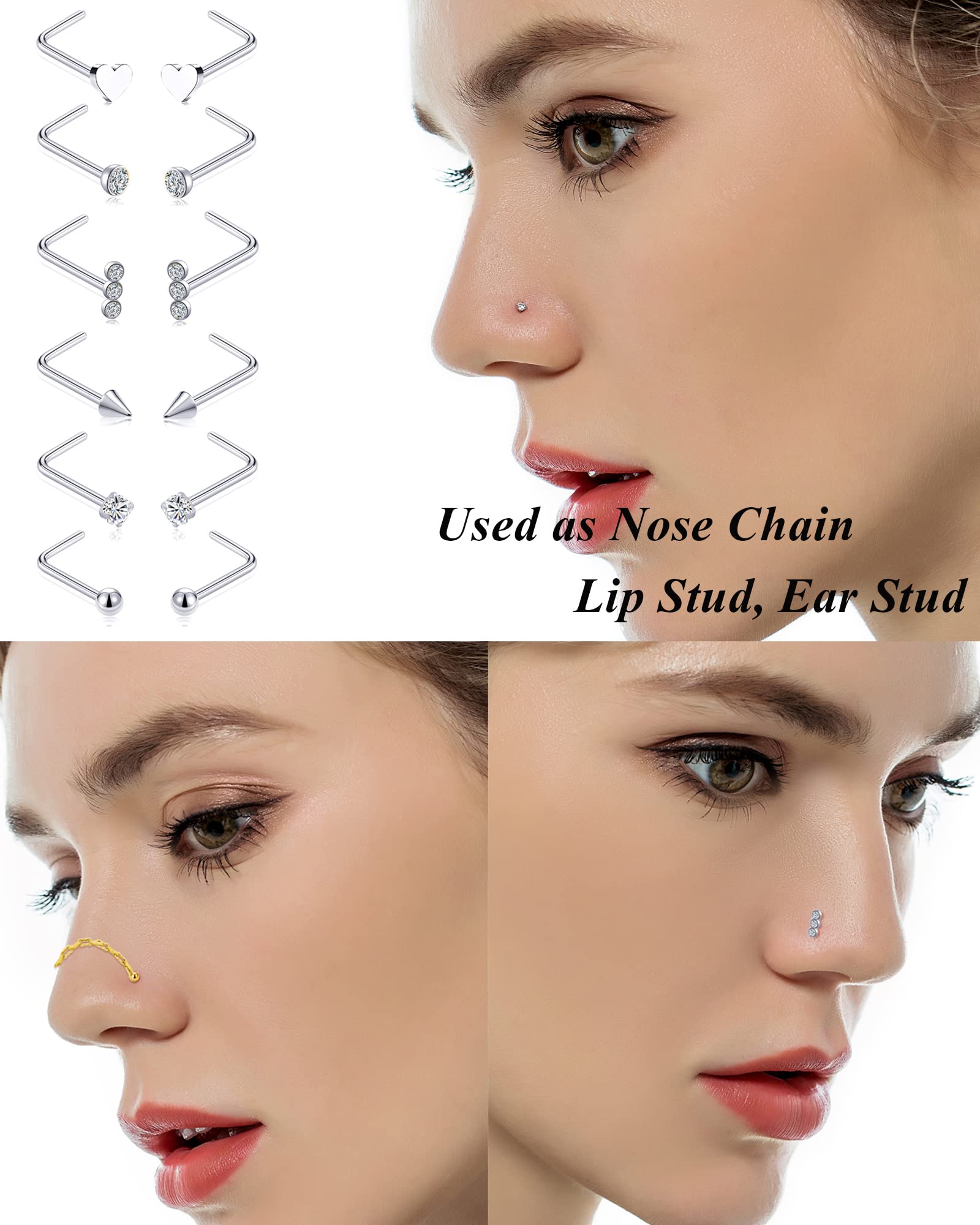 Tornito Nose Chain Piercing Across Double Nose Stud Chain CZ Heart Ball L Shaped Nose Chain 4.2CM Nostril Piercing Jewelry for Women Men 20G Silver Tone