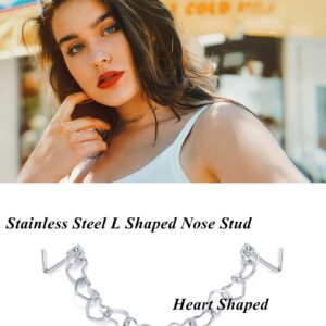 Tornito Nose Chain Piercing Across Double Nose Stud Chain CZ Heart Ball L Shaped Nose Chain 4.2CM Nostril Piercing Jewelry for Women Men 20G Silver Tone