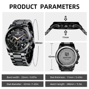 BY BENYAR Men's Watches Analog Quartz Chronograph Waterproof Stainless Steel Wrist Watches for Men Business Work Casual Sport Black Mens Dress Watch Unique Elegant Gifts for Men