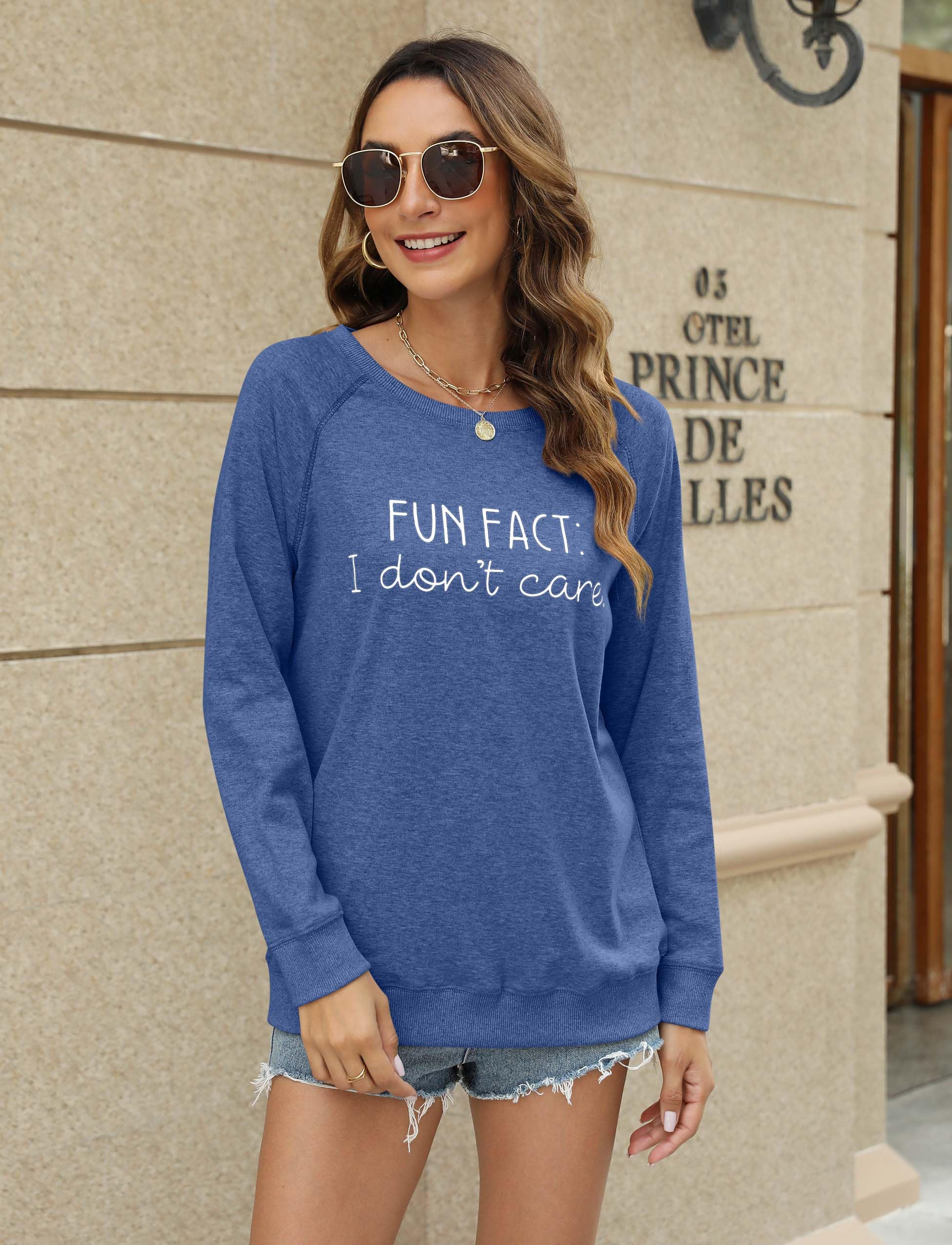 EADINVE "FUN FACT: I don't care Letter Print Women's Crewneck Sweatshirt Raglan Long Sleeve Casual Pullover Tops Blue Medium