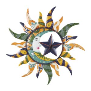 Deco 79 Metal Sun and Moon Home Wall Decor Indoor Outdoor Abstract Patterned Wall Sculpture with Yellow and Blue Accents, Wall Art 25" x 1" x 25", Multi Colored