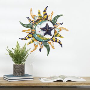 Deco 79 Metal Sun and Moon Home Wall Decor Indoor Outdoor Abstract Patterned Wall Sculpture with Yellow and Blue Accents, Wall Art 25" x 1" x 25", Multi Colored