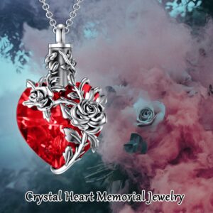 PELOVNY Rose Flower Cremation Necklace For Ashes, Red Crystal Urn Necklace For Ashes For Women Memorial Jewelry