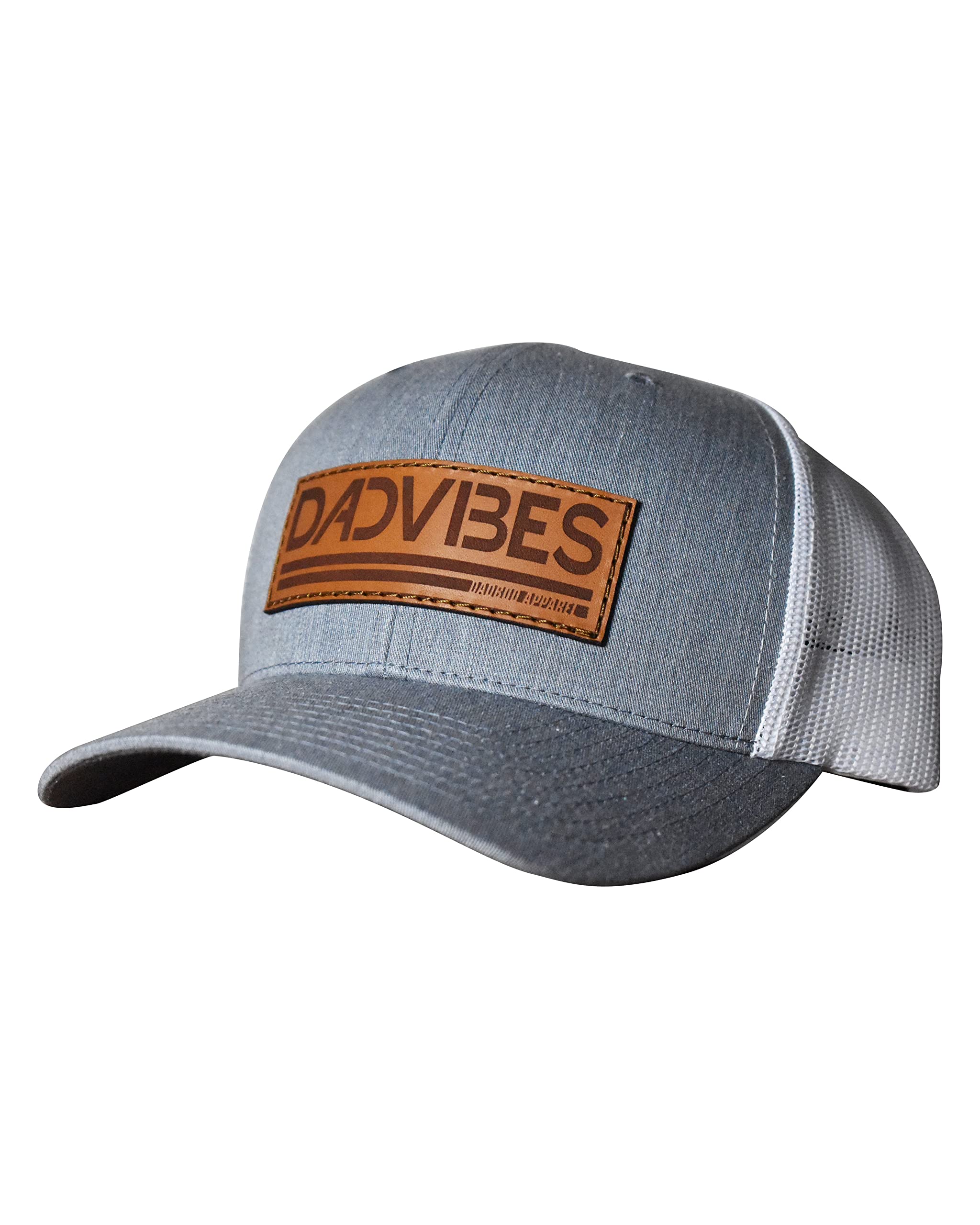 DadBod Apparel DB DadVibes Leather Patch Classic Snapback Hat - Heather Grey/White Mesh - Premium Baseball Cap for Girl Dads and Boy Dads