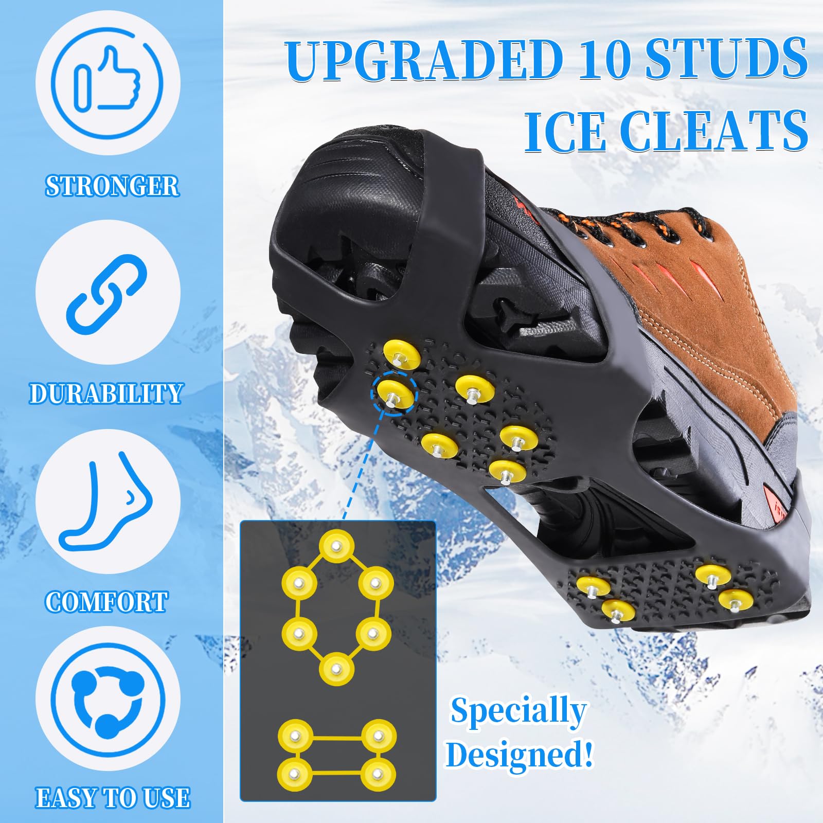 LACE INN Ice Cleats for Boots Shoes, Snow Grips Traction Cleats for Snow and Ice, Non Slip Grippers Spikes with 20 Steel Studs Crampons, Snow Grippers for Boots Slip-on Stretch Footwear(1 Pair)