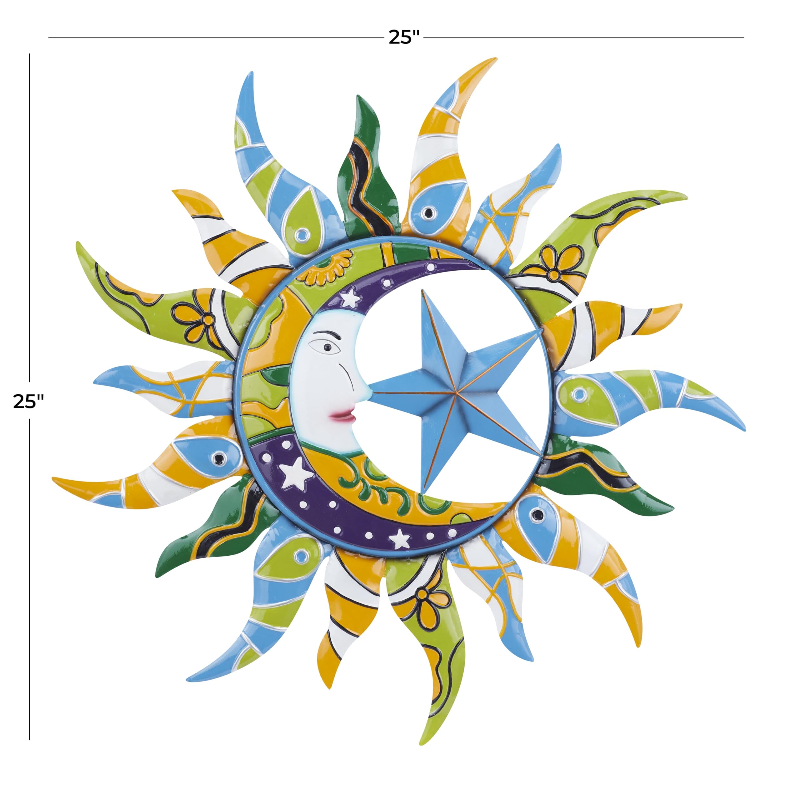 Deco 79 Metal Sun and Moon Home Wall Decor Indoor Outdoor Abstract Patterned Wall Sculpture with Yellow and Blue Accents, Wall Art 25" x 1" x 25", Multi Colored