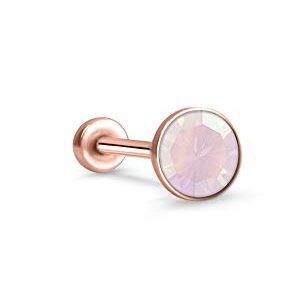 316 Stainless Steel Rose Gold-Tone Threadless Push Pin Nose Ring Labret Monroe Stud 4mm Glued Pink Faux Opal 16G