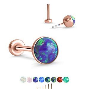 316 Stainless Steel Rose Gold-Tone Threadless Push Pin Nose Ring Labret Monroe Stud 4mm Glued Pink Faux Opal 16G