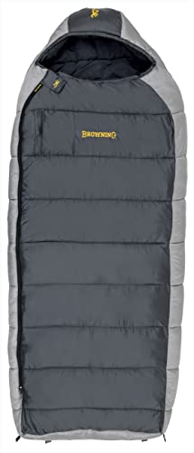 Browning McKinley 0° Sleeping Bag - Oversize Insulated Hooded Rectangle Made with Ripstop Outer and Brushed Polyester Liner, with Compression Stuff Sack, Charcoal/Gray