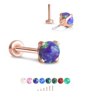 316 Stainless Steel Rose Gold-Tone Threadless Push Pin Nose Ring Labret Monroe Stud 4mm Prong Red Faux Opal 20G