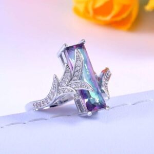 The Black Pearl, LLC Created Rectangular Rainbow Fire Mystic Topaz Ring with Silver Plated Band (8)