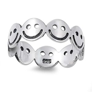 Sterling Silver 925 Happy Face Ring Smiley Face Band Women Adorable Jewelry (10)