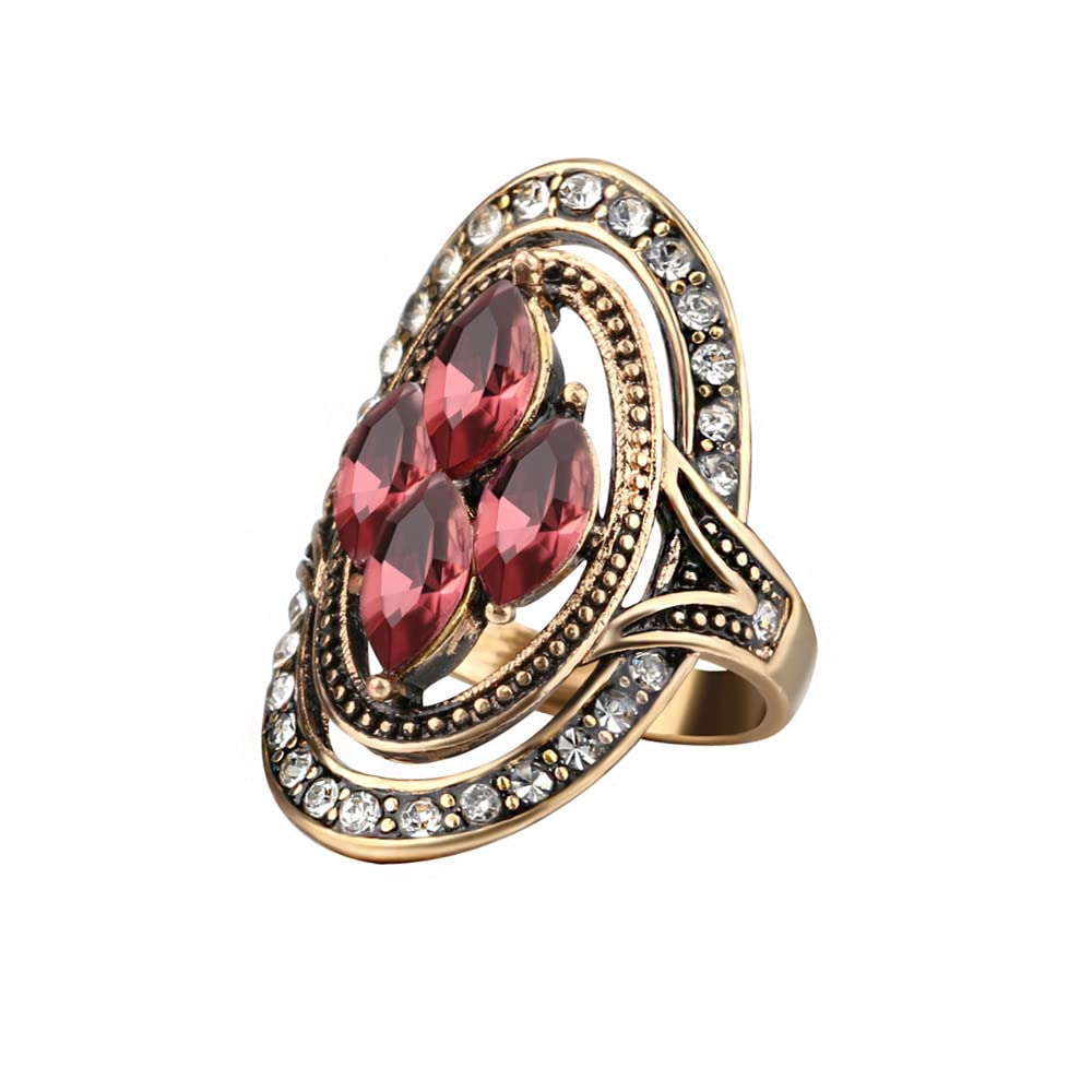 Boho Red CZ Wedding Statement Ring for Women Girls Vintage Bohemian Round Wide Band Rings Comfort Fit Retro Ethnic Indian Bollywood Christmas Cocktail Party Art Deco Jewelry Size 8