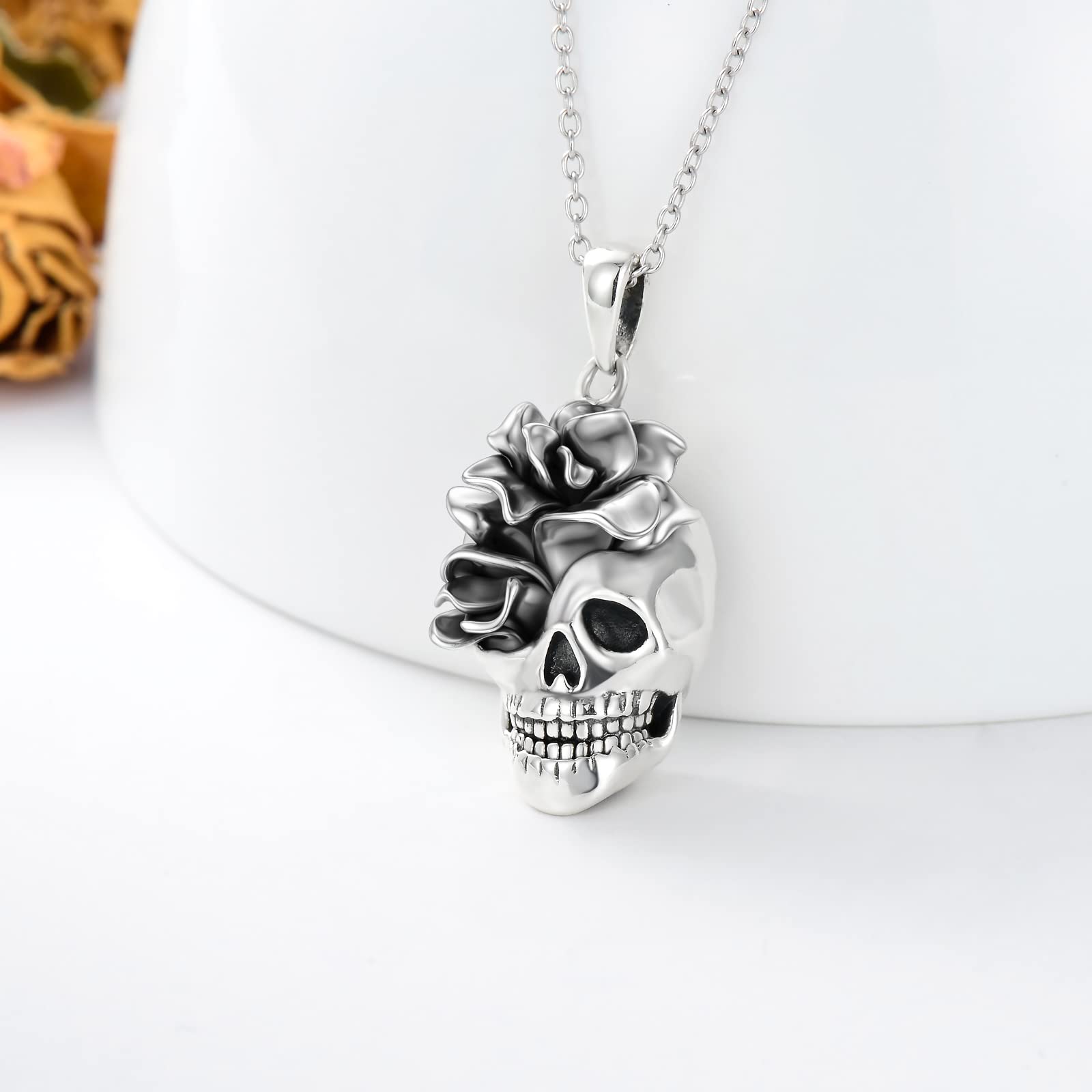 Seiyang Skull Necklace for Women Sterling Silver Goth Skull Rose Pendant Halloween Necklace Skull Jewelry Skull Gift for Women Men Halloween (Rose Skull Necklace)