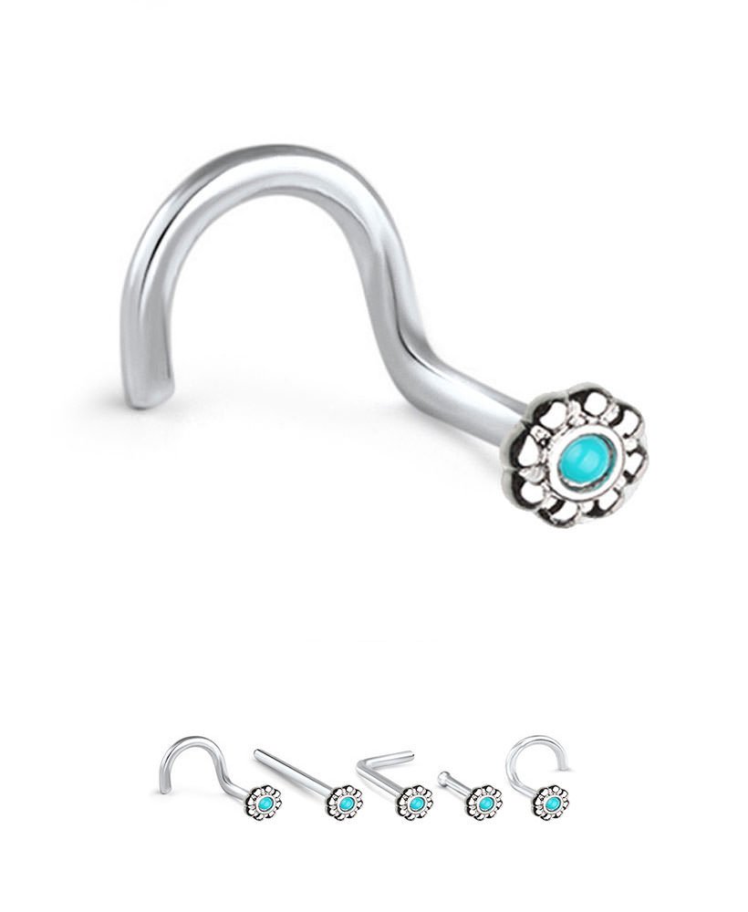 316L Surgical Steel Lbend Nose Ring Blue Flower 20G