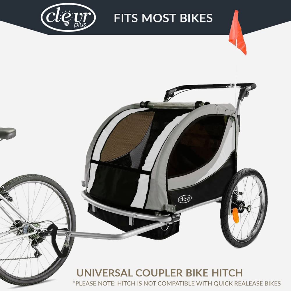 ClevrPlus Deluxe 3-in-1 Double 2 Seat Bicycle Bike Trailer Jogger Stroller for Kids Children | Foldable w/Pivot Front Wheel, Grey