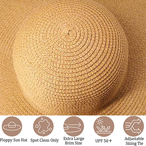 Oversized Beach Straw Hat for Women, Fashion Large Wide Brim Visor Hats Handmade Roll Up Floppy Sun Hat for Summer Beach Cap Khaki