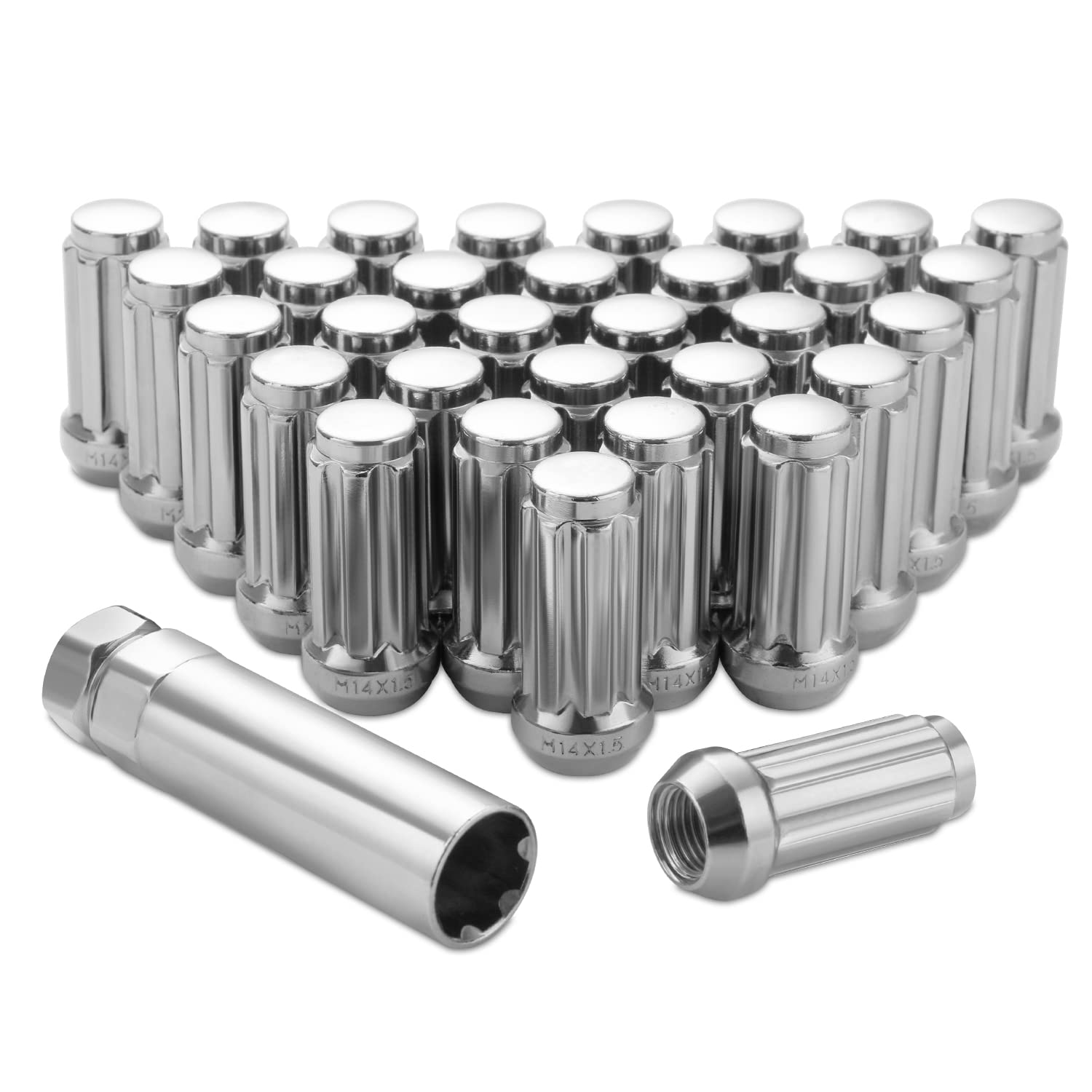 Lichamp 32pcs M14x1.5 Chrome Lug Nuts for Trucks, Partial Compatible with Ford F250 F350 Super Duty and Chevy Silverado 1500 2500 3500, Chrome Spline Turner with Cone Seat, A9SL