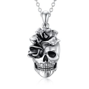 Seiyang Skull Necklace for Women Sterling Silver Goth Skull Rose Pendant Halloween Necklace Skull Jewelry Skull Gift for Women Men Halloween (Rose Skull Necklace)