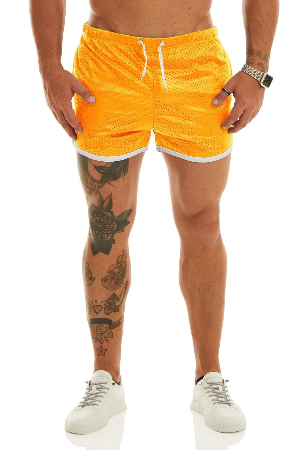 Ouber Men's Fitted Shorts Bodybuilding Workout Gym Running Tight Lifting Shorts with Pockets (Yellow, Small)