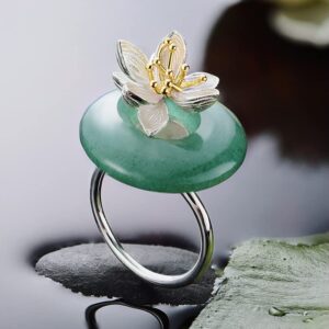 Stunning Lotus Flower Ring with Natural Gemstone Aventurine in 925 Sterling Silver Adjustable Ring Size Women Fine Handmade Jewelry - PremiumPearl