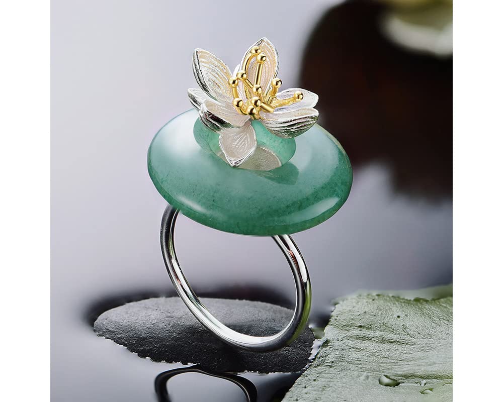 Stunning Lotus Flower Ring with Natural Gemstone Aventurine in 925 Sterling Silver Adjustable Ring Size Women Fine Handmade Jewelry - PremiumPearl