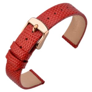 annefit women's leather watch band 12mm with rose gold buckle, lizard grain slim thin replacement strap (red)