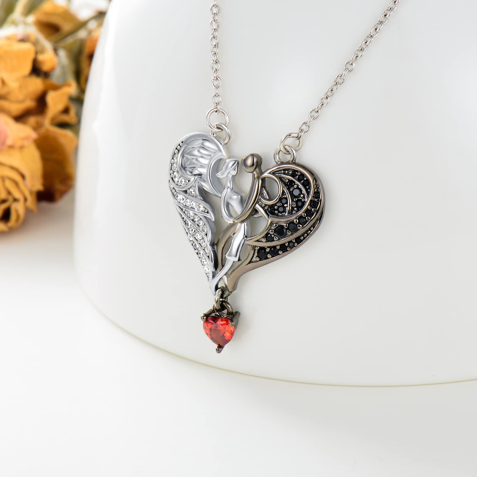 Seiyang Angel & Devil Necklace, 925 Sterling Silver Angel Demon Hugs Asymmetrical Necklace Inlaid with Red Heart Crystal on Anniversary, Holiday, Birthday Gifts for Girlfriend Women