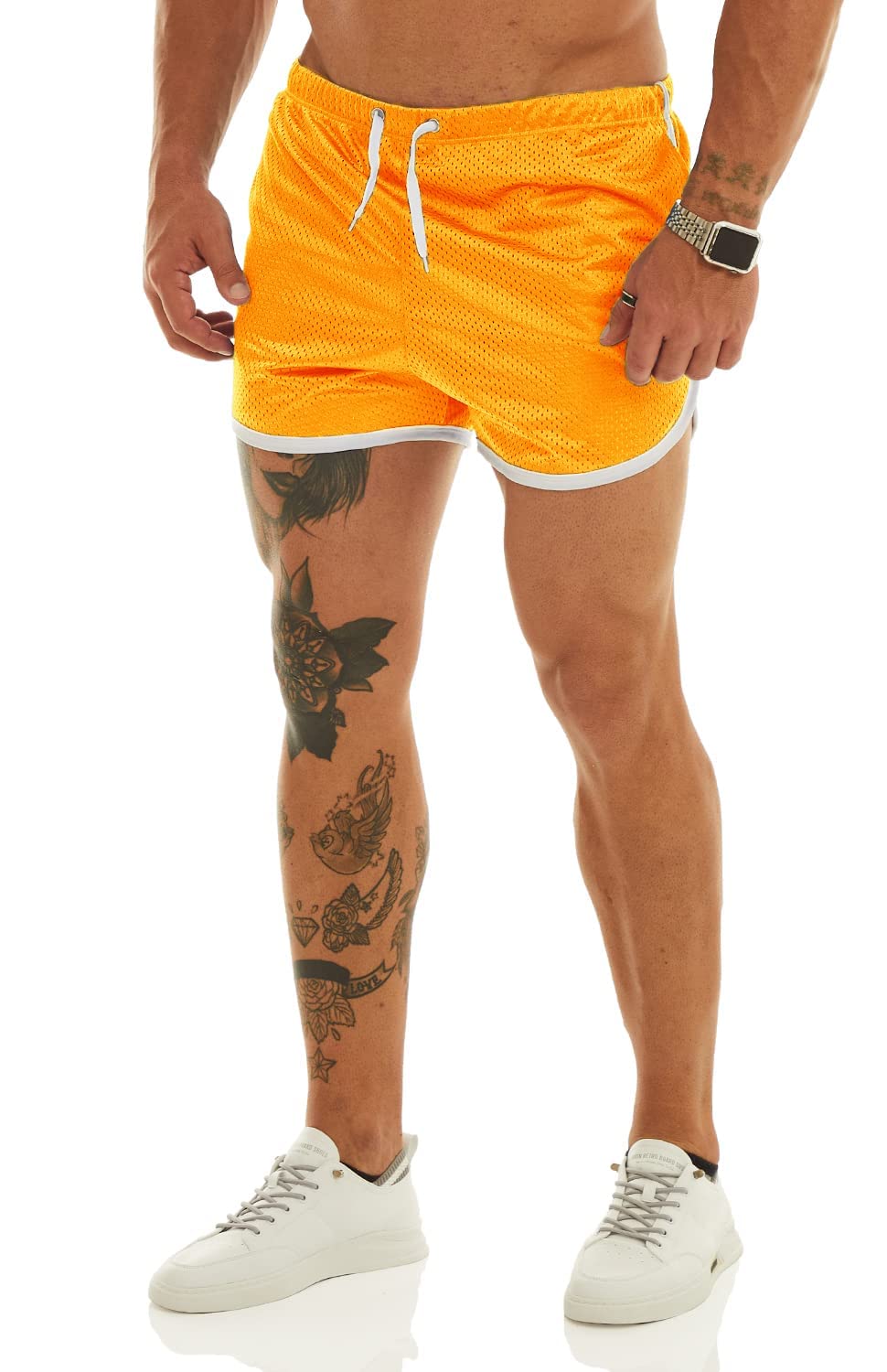 Ouber Men's Fitted Shorts Bodybuilding Workout Gym Running Tight Lifting Shorts with Pockets (Yellow, Small)