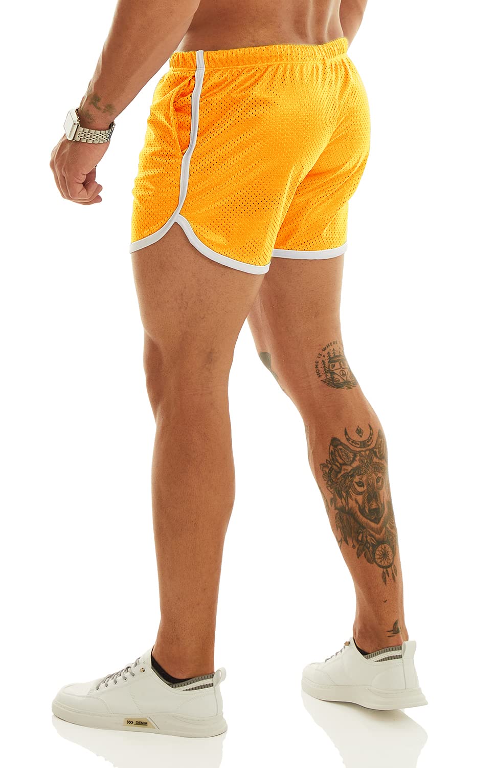 Ouber Men's Fitted Shorts Bodybuilding Workout Gym Running Tight Lifting Shorts with Pockets (Yellow, Small)