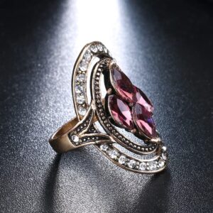 Boho Red CZ Wedding Statement Ring for Women Girls Vintage Bohemian Round Wide Band Rings Comfort Fit Retro Ethnic Indian Bollywood Christmas Cocktail Party Art Deco Jewelry Size 8