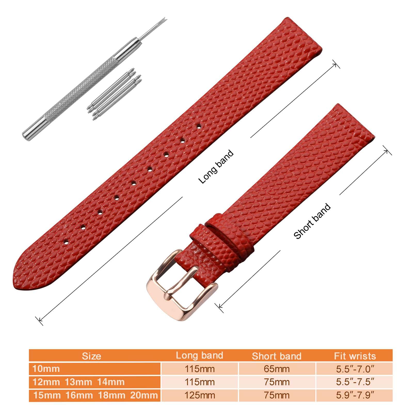 ANNEFIT Women's Leather Watch Band 12mm with Rose Gold Buckle, Lizard Grain Slim Thin Replacement Strap (Red)