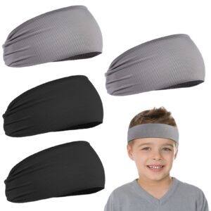 4 Pieces Kids Sports Headbands Athletic Sweatbands Headband Wicking Elastic Hairband for Girls and Boys Toddler Children (Black, Light Grey)