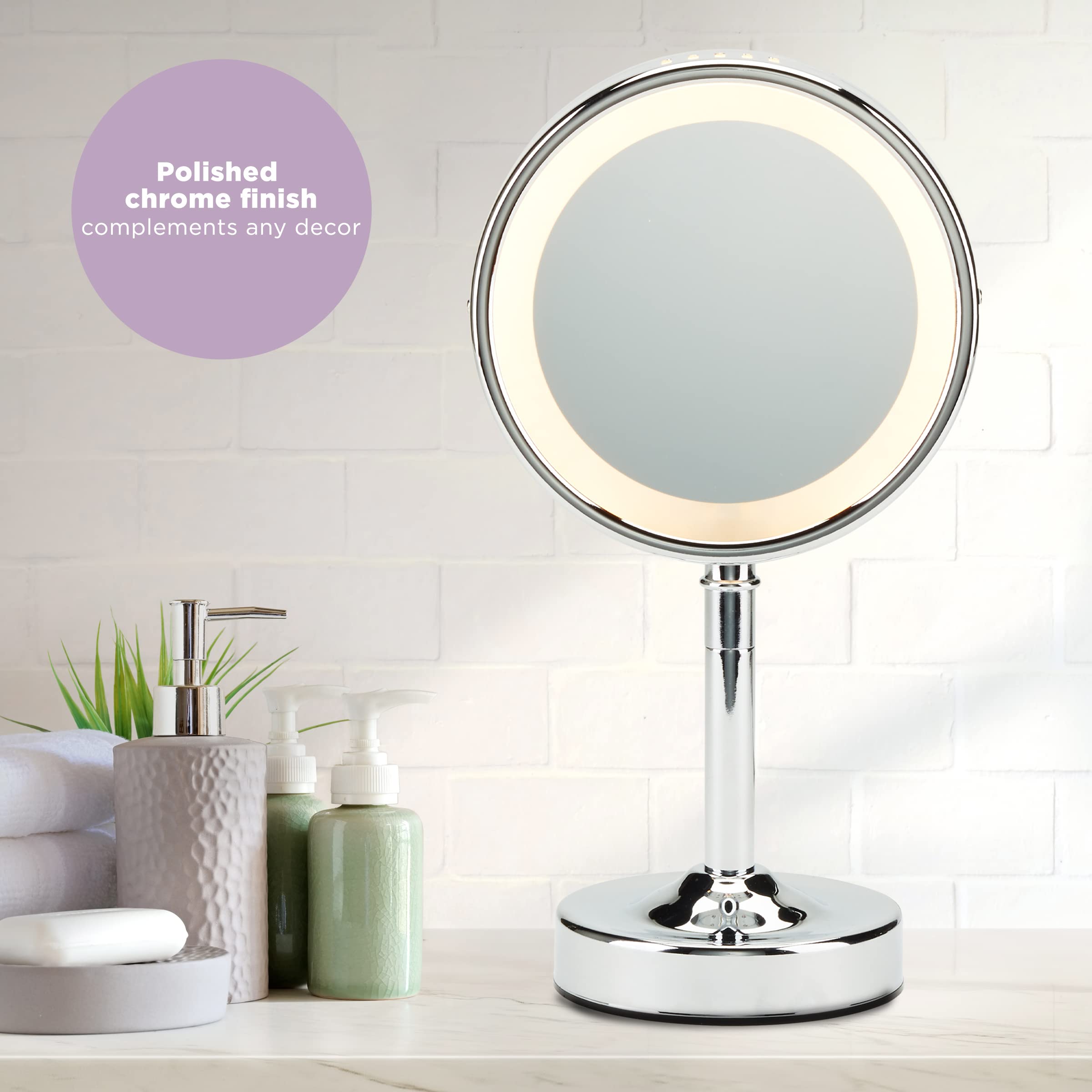 Conair Lighted Makeup Mirror with Magnification, Vanity Mirror, 1X/5X Magnifying Mirror, Double Sided Mirror, Corded in Polished Chrome