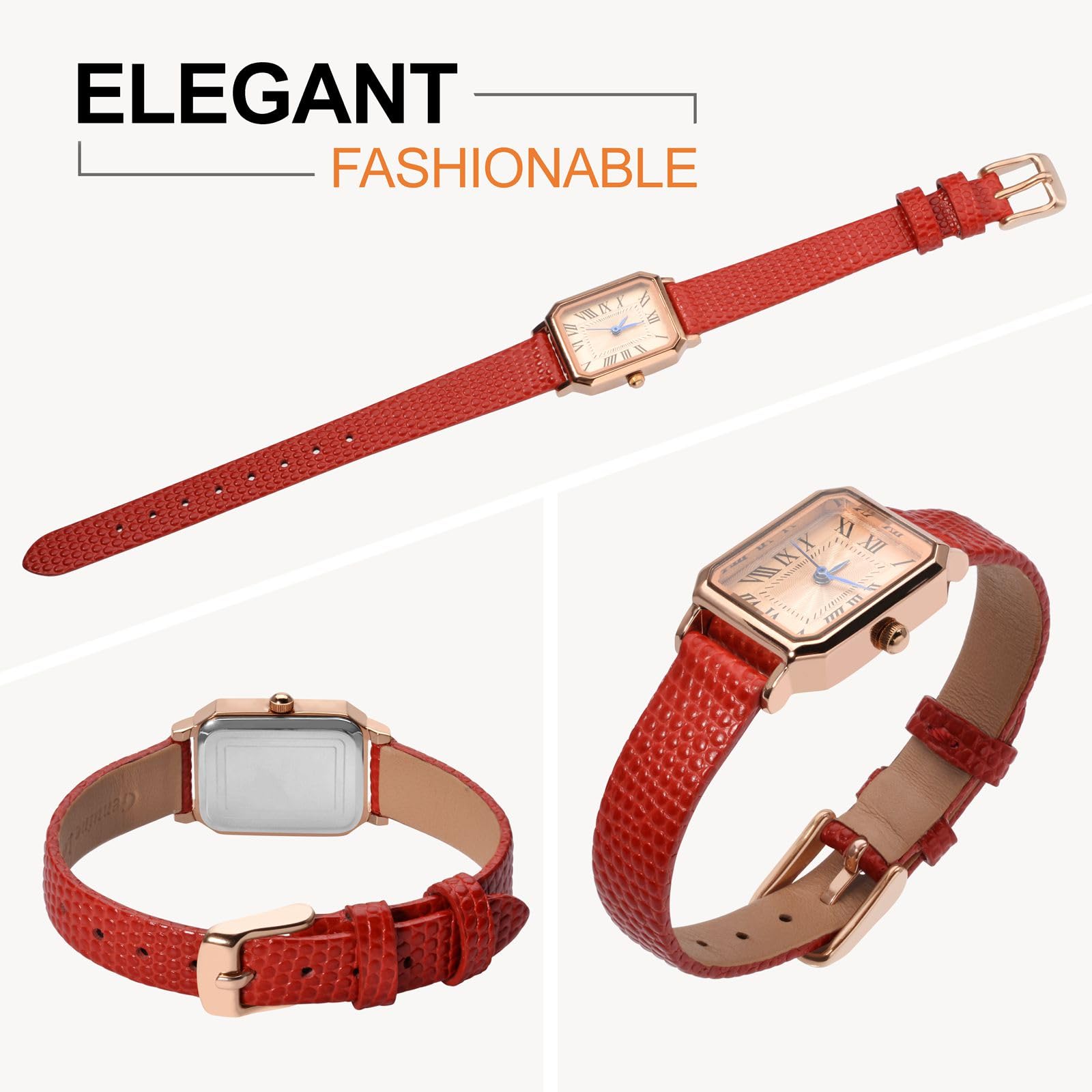 ANNEFIT Women's Leather Watch Band 12mm with Rose Gold Buckle, Lizard Grain Slim Thin Replacement Strap (Red)